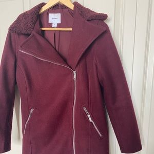 Burgundy mid length stretch fleece moto jacket